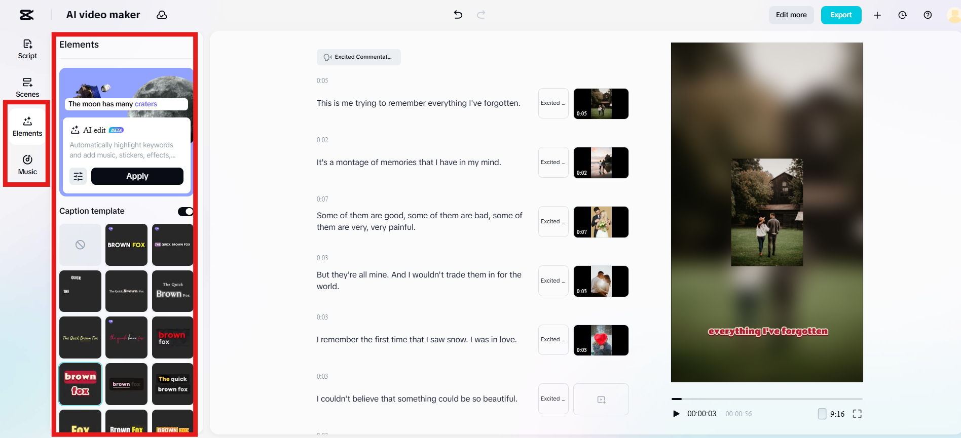 Add music and choose caption styles