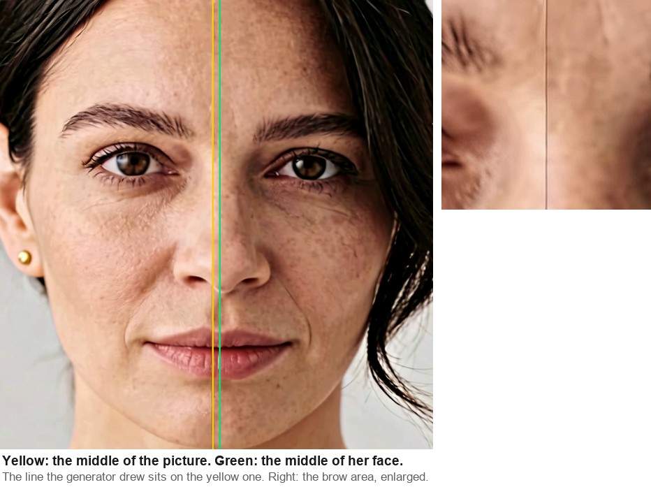 Generated portrait with a thin vertical line drawn down the face; a yellow guide marks the center of the picture and a green guide marks the center of the face.