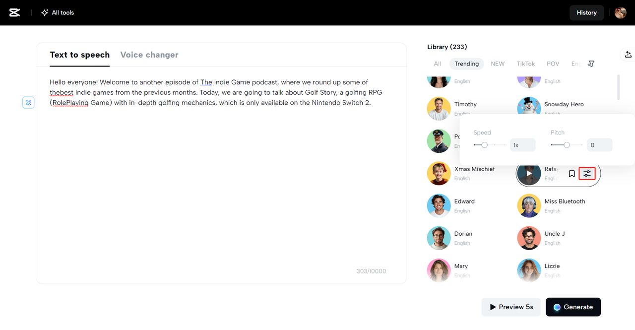 The voice selection panel in the AI voice generator, where users can choose and customize different voices and audio settings.