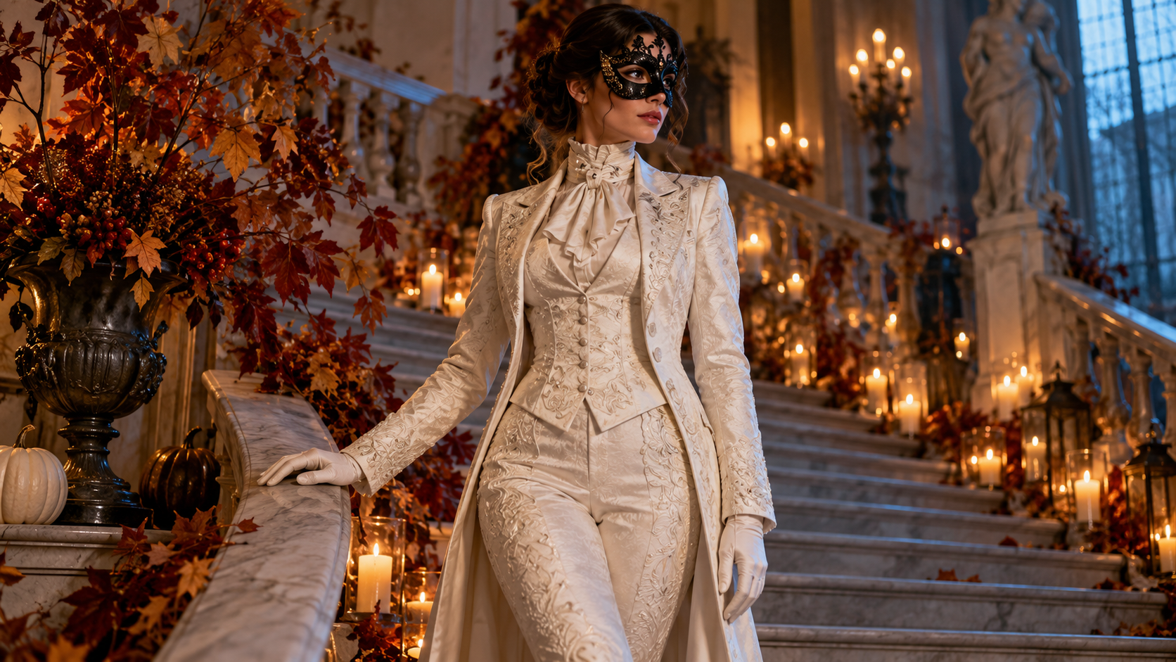 Halloween AI prompts for women: Ivory Masquerade Staircase