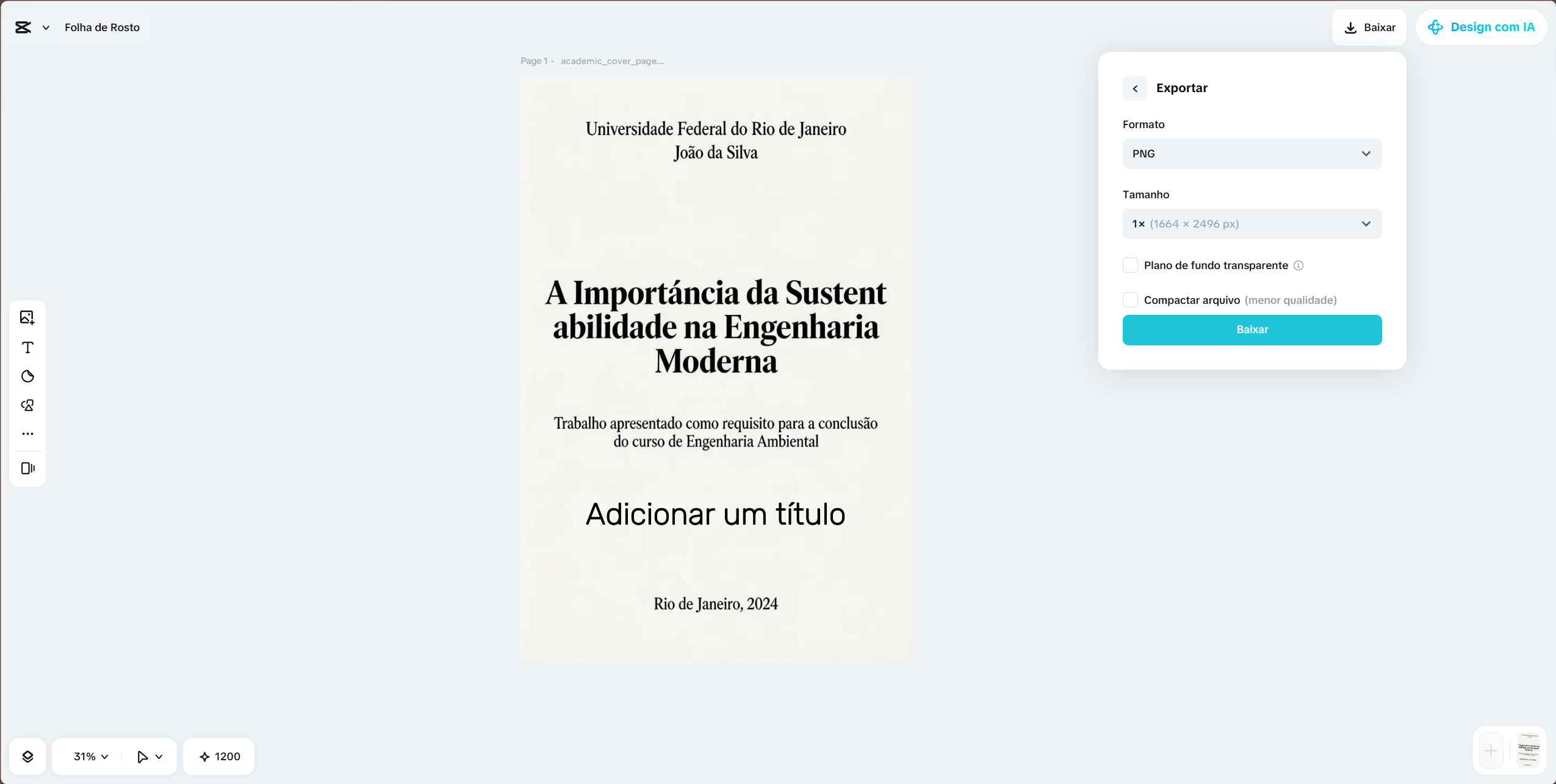 Exportando a folha de rosto em PDF ou PNG