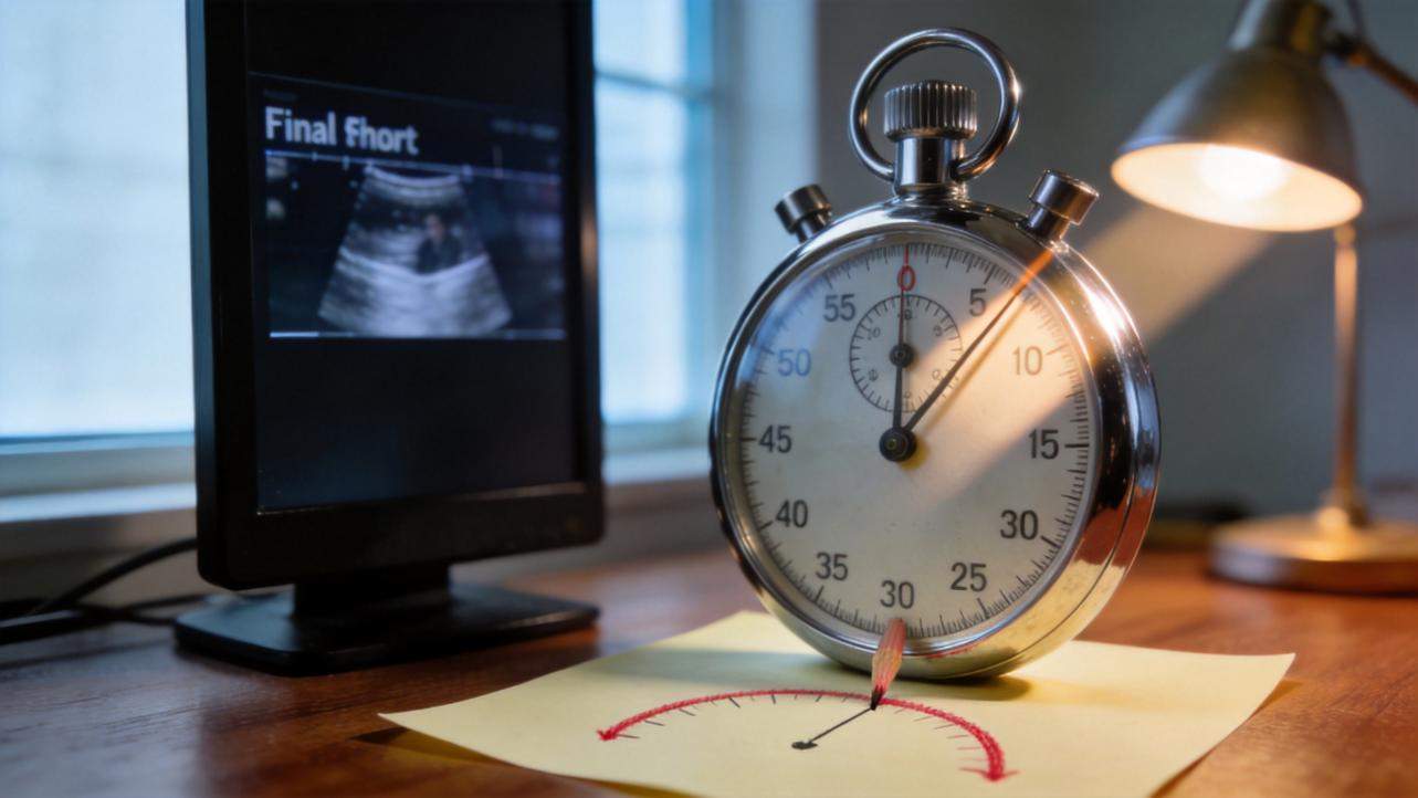 Stopwatch beside a monitor showing "Final Short" and a paper chart on a desk under a lamp