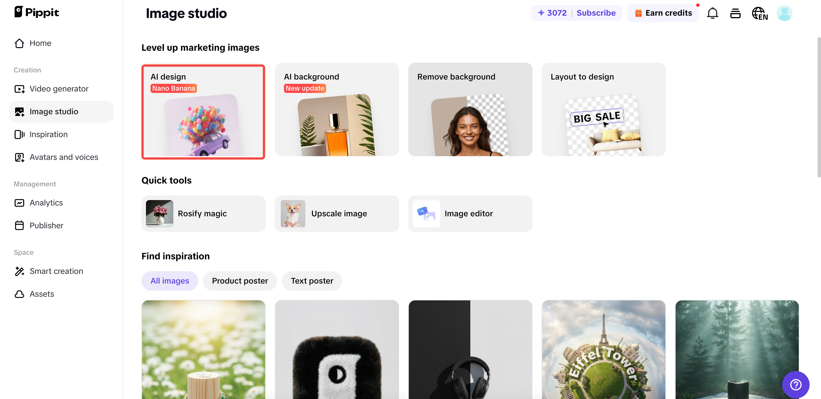 Opening AI design tool on Pippit