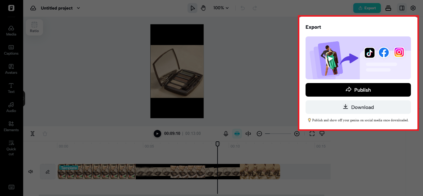 Export options on Pippit's video editor