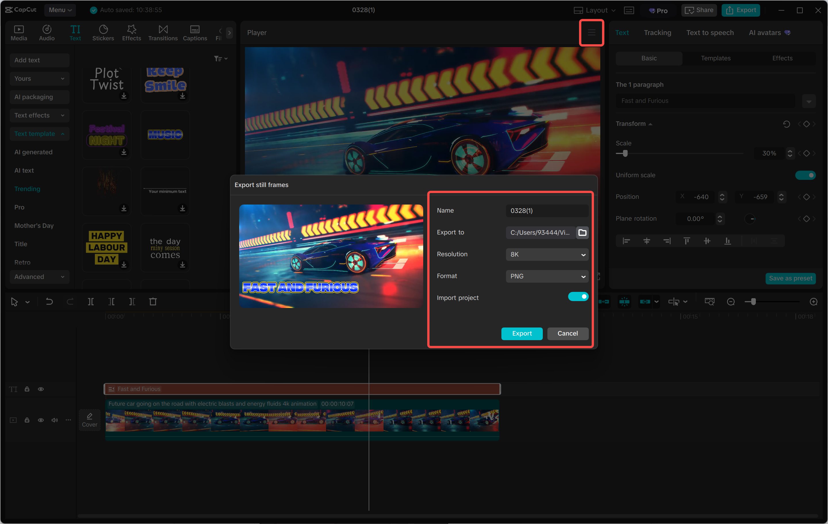 Exporting the image from the CapCut desktop video editor