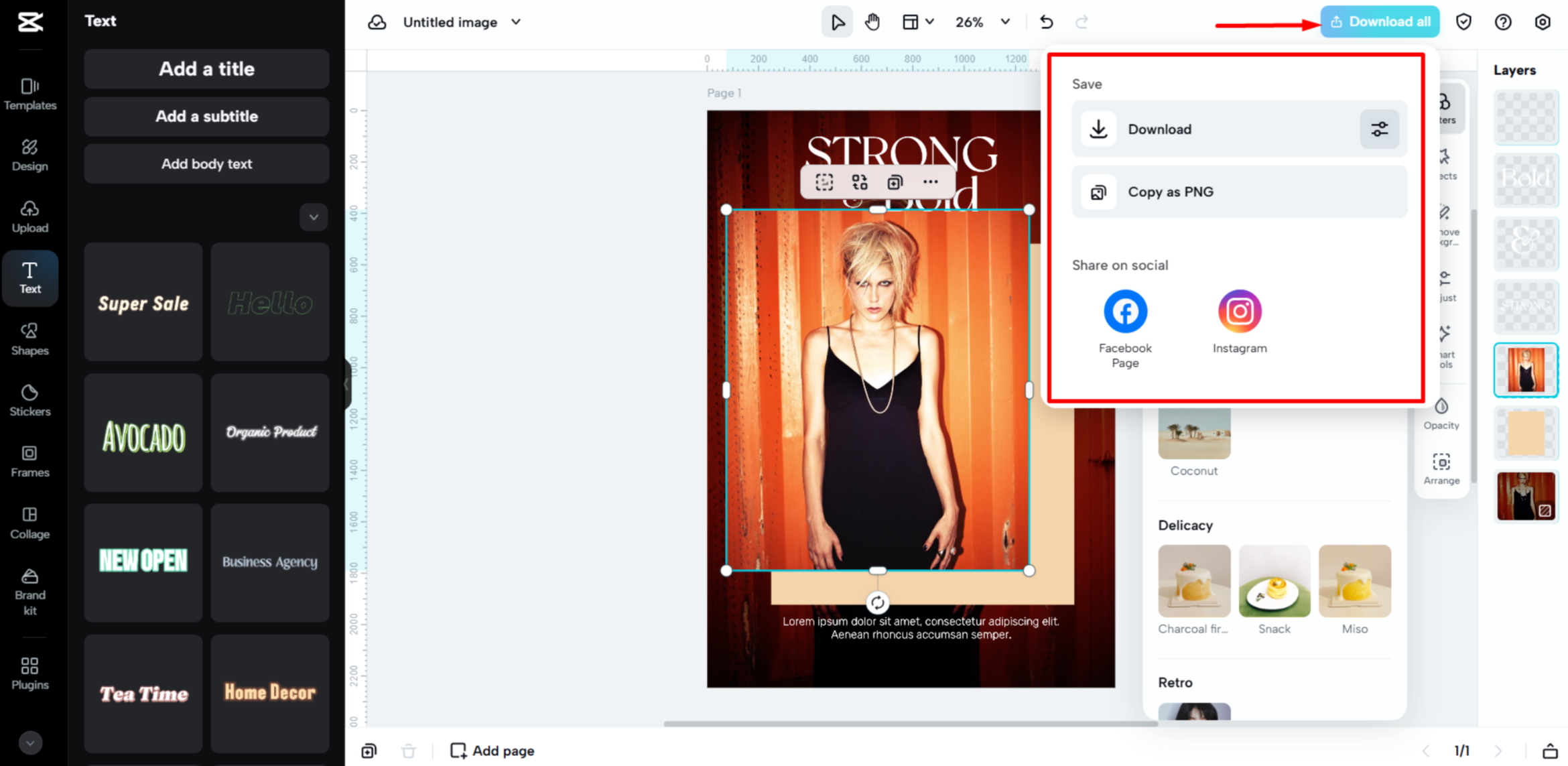Exporting the magazine ad from CapCut Web