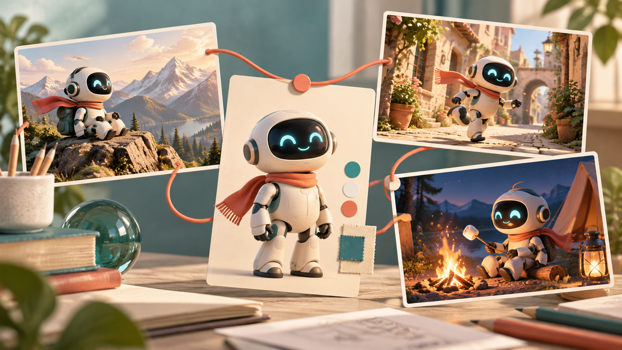 A robot reference card linked to three scene storyboards