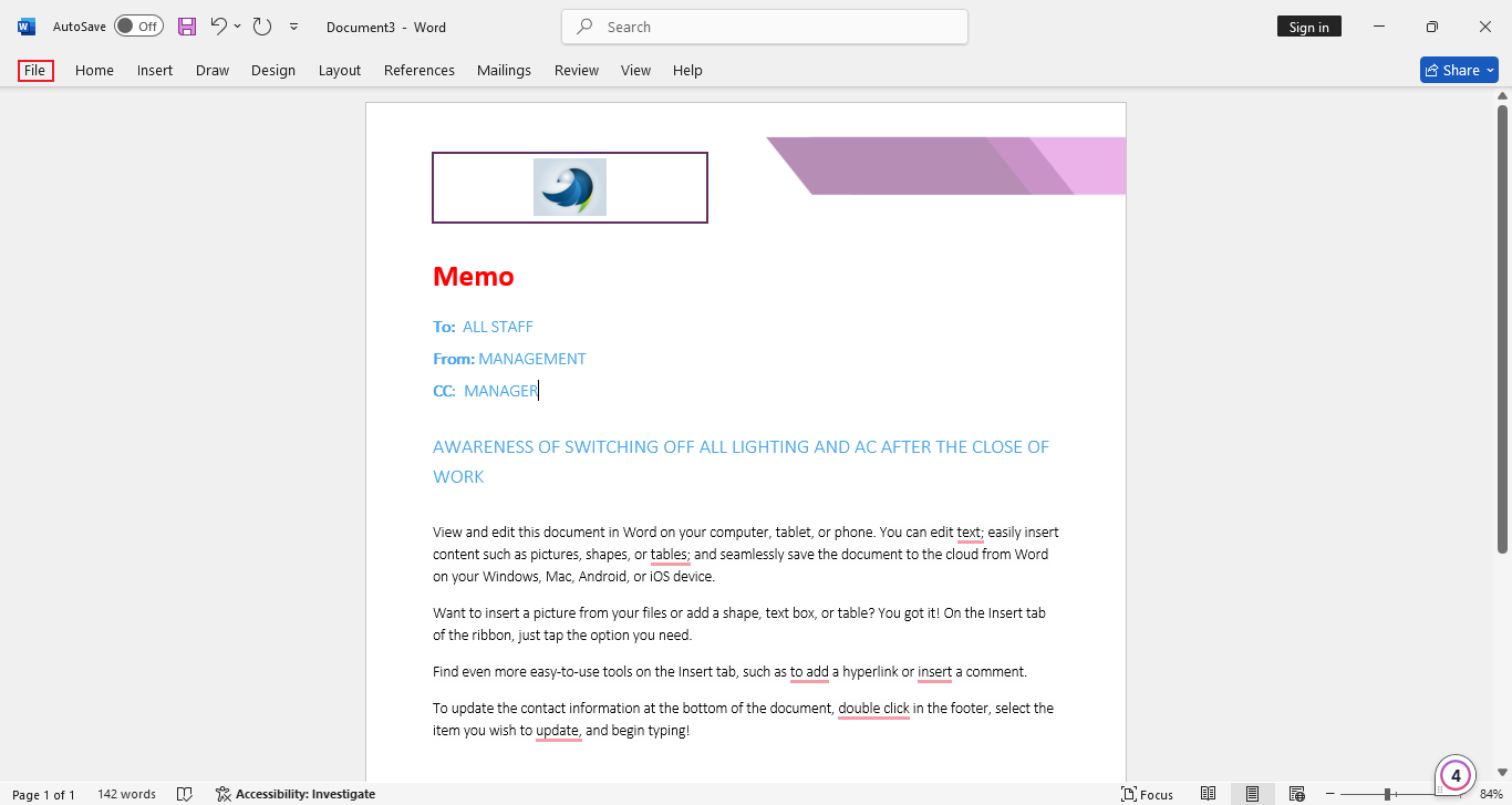 how to create a memo on word