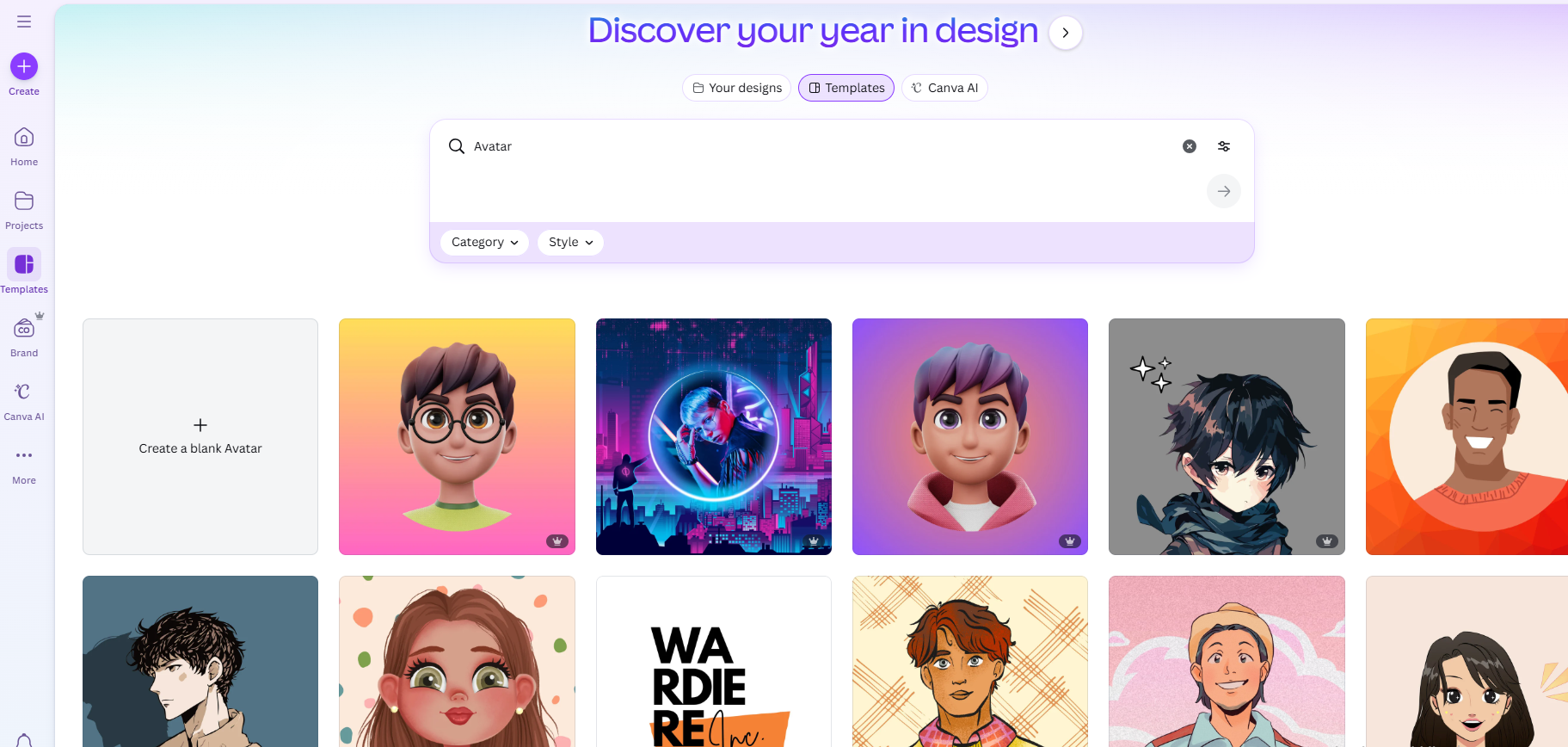 Search avatar templates in Canva avatar maker