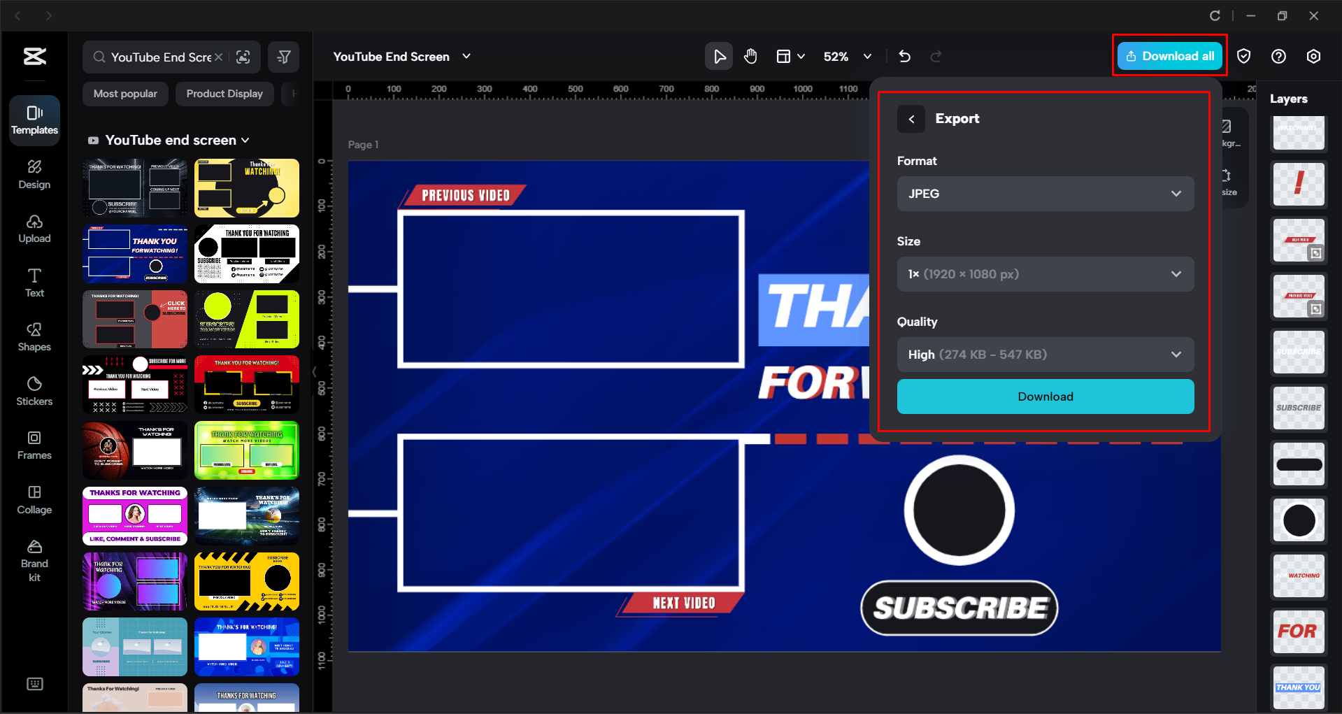 Exporting the YouTube end screen template from the CapCut desktop video editor