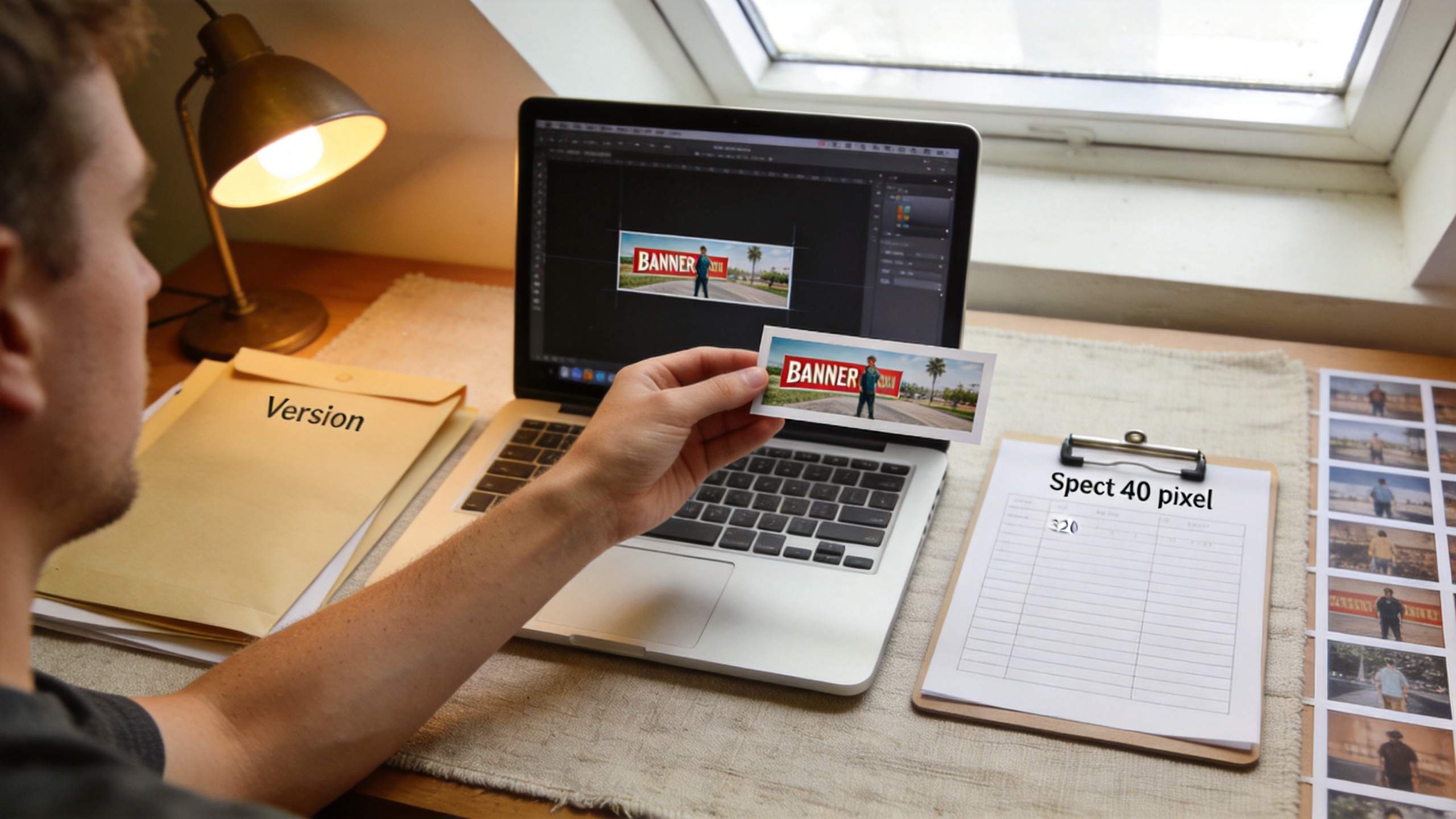 Person holds a banner printout beside a laptop showing the same banner design on screen