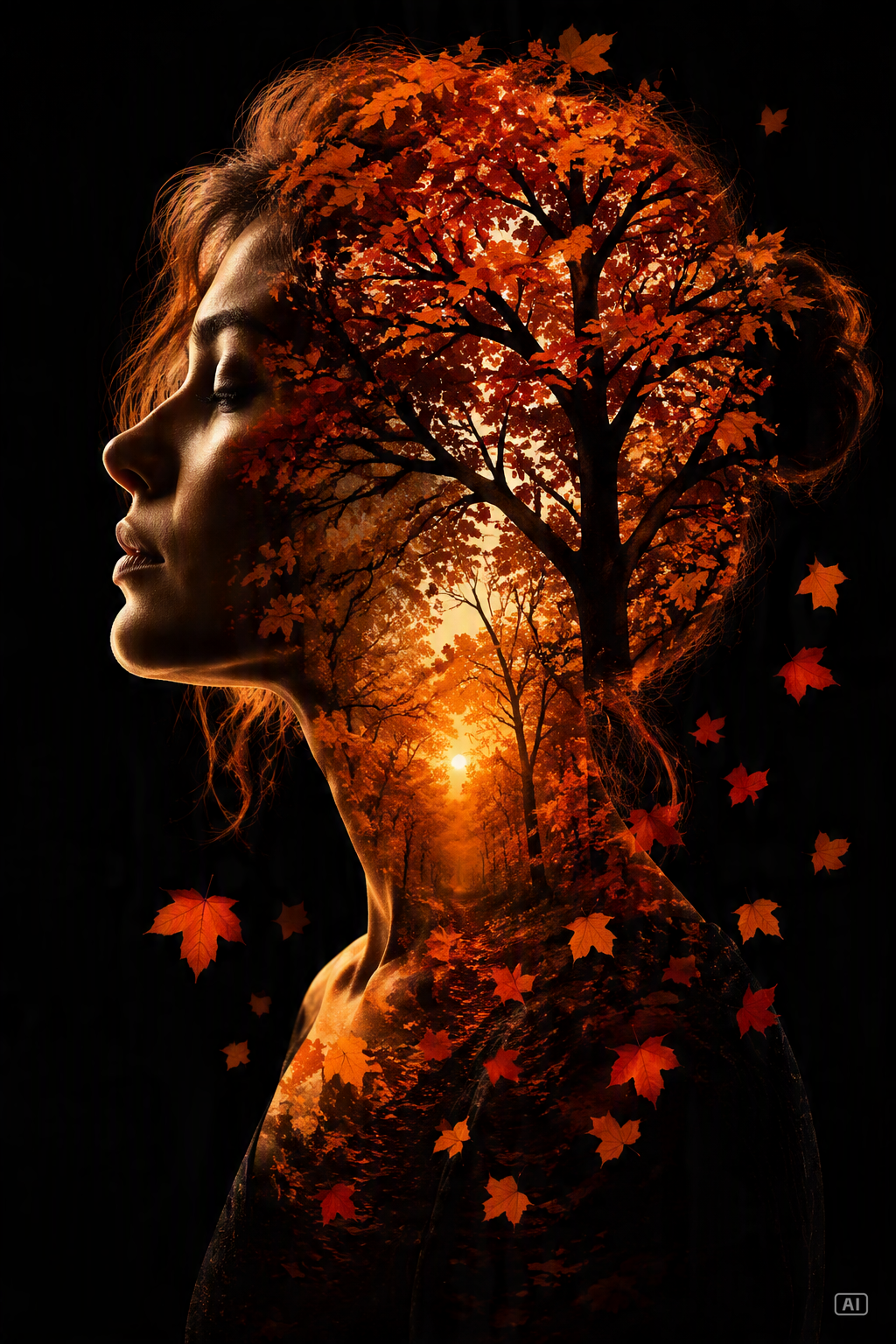 Double exposure autumn portrait image generated by Pippit