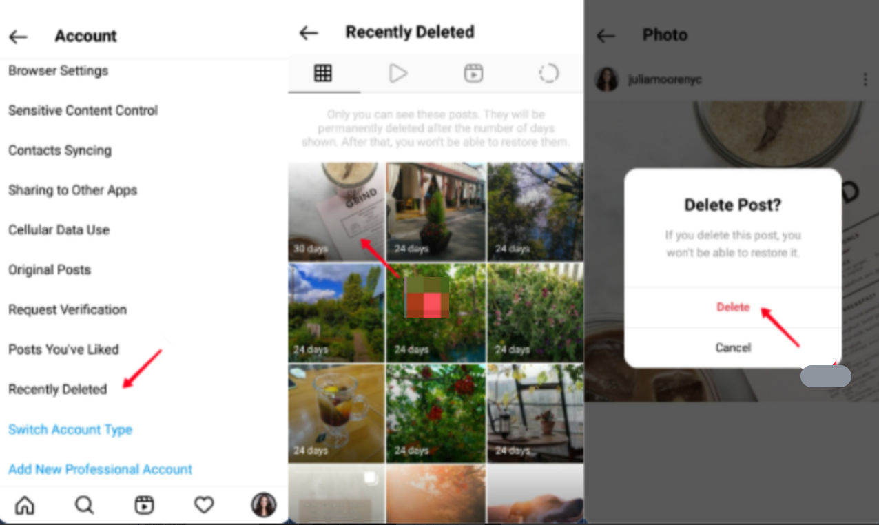 Showing how to permanently remove deleted Instagram posts