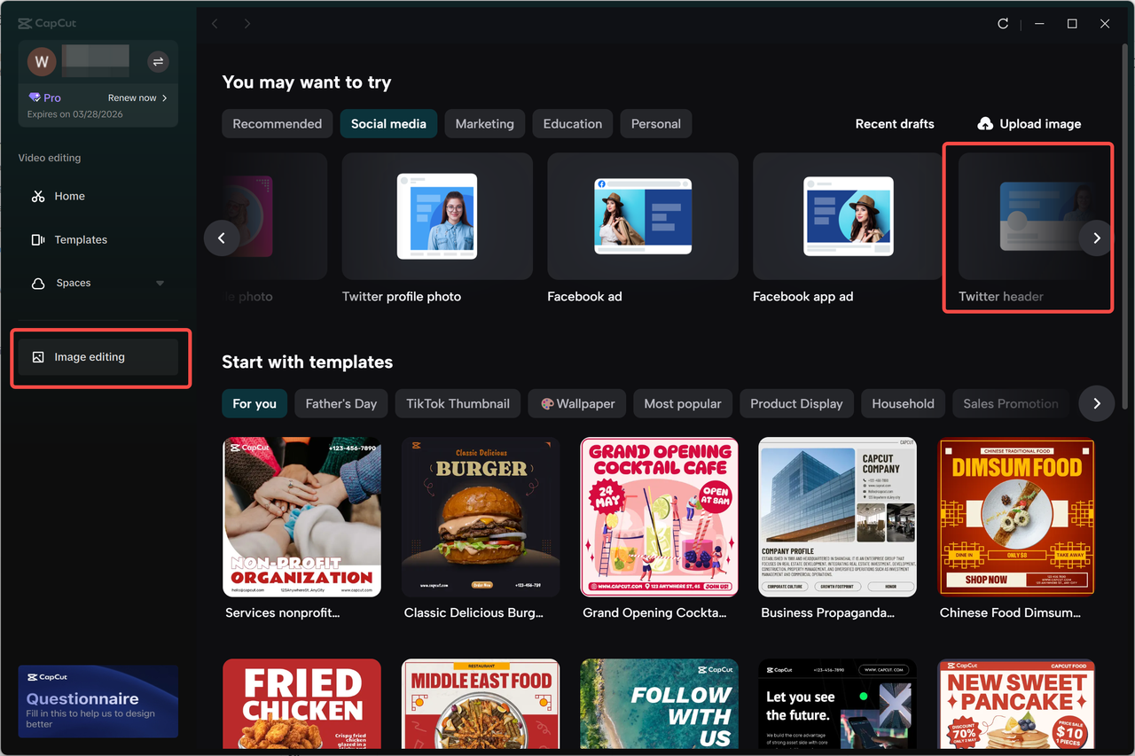 Importing the Twitter header image into the CapCut desktop video editor