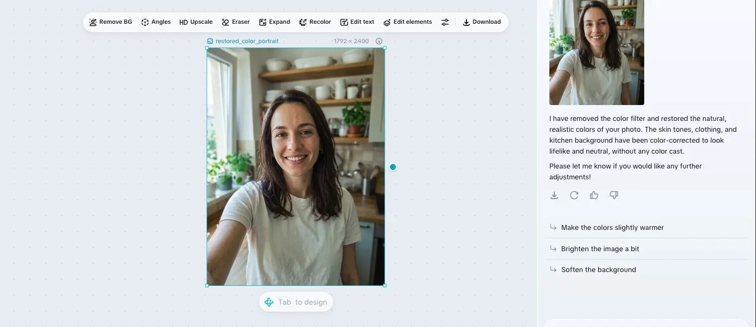 Editor showing a restored portrait of a smiling woman in a kitchen with natural colors