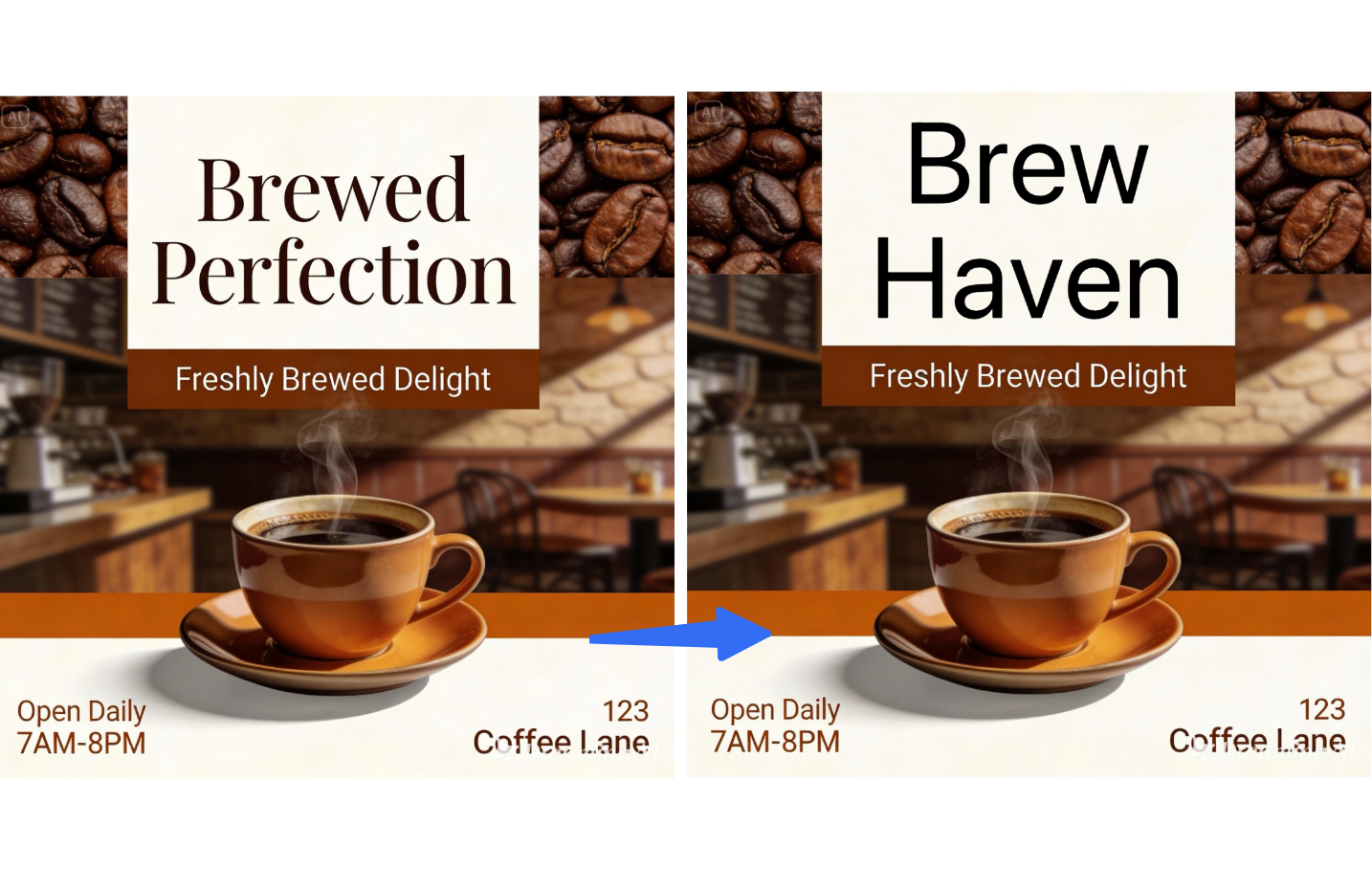 Ubah warna teks pada poster kopi dengan pengeditan interaktif