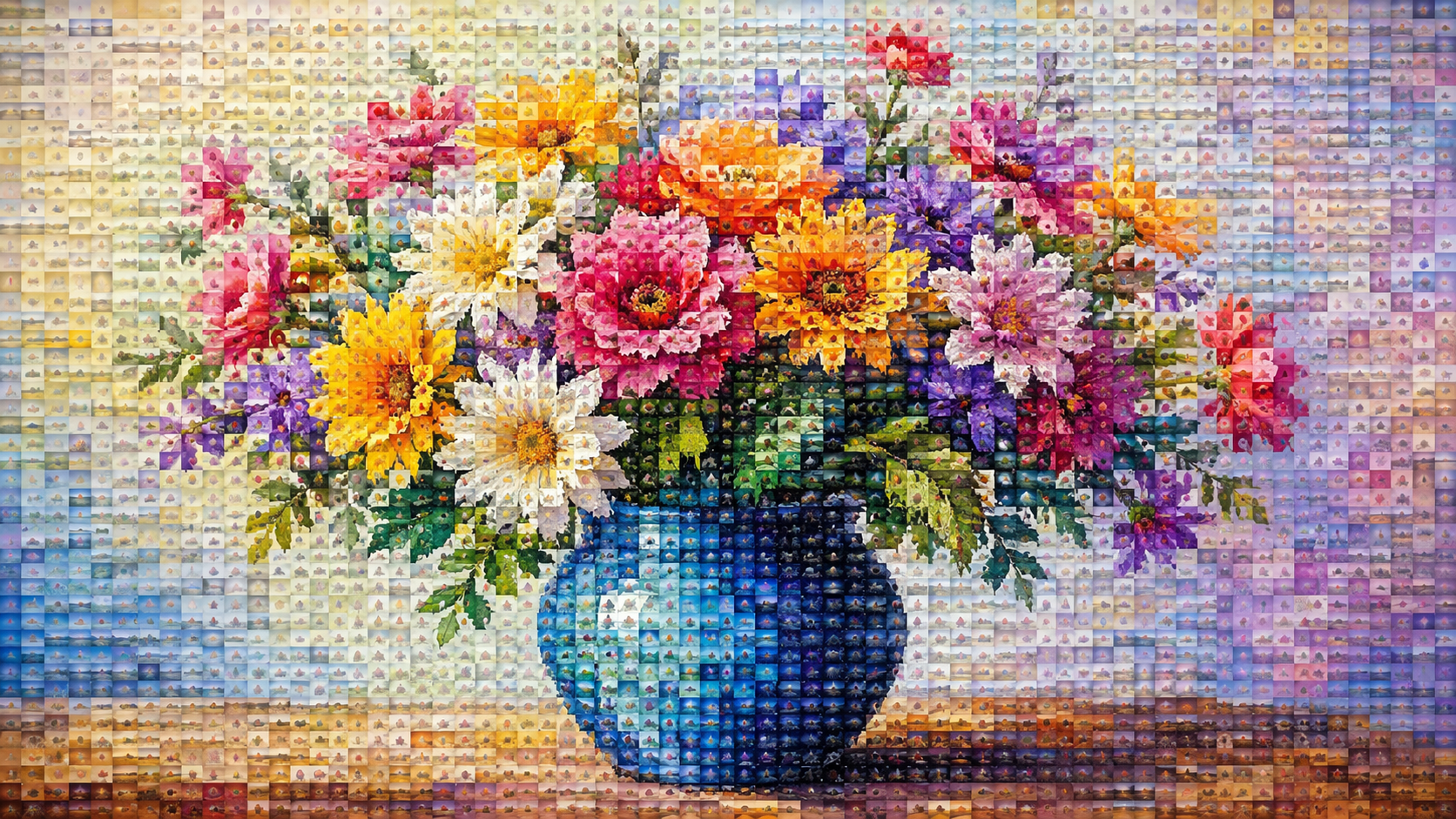 Dreamina Foto Mosaik Effekt prompt Beispiel 2: Collage Wandkunst Gesicht