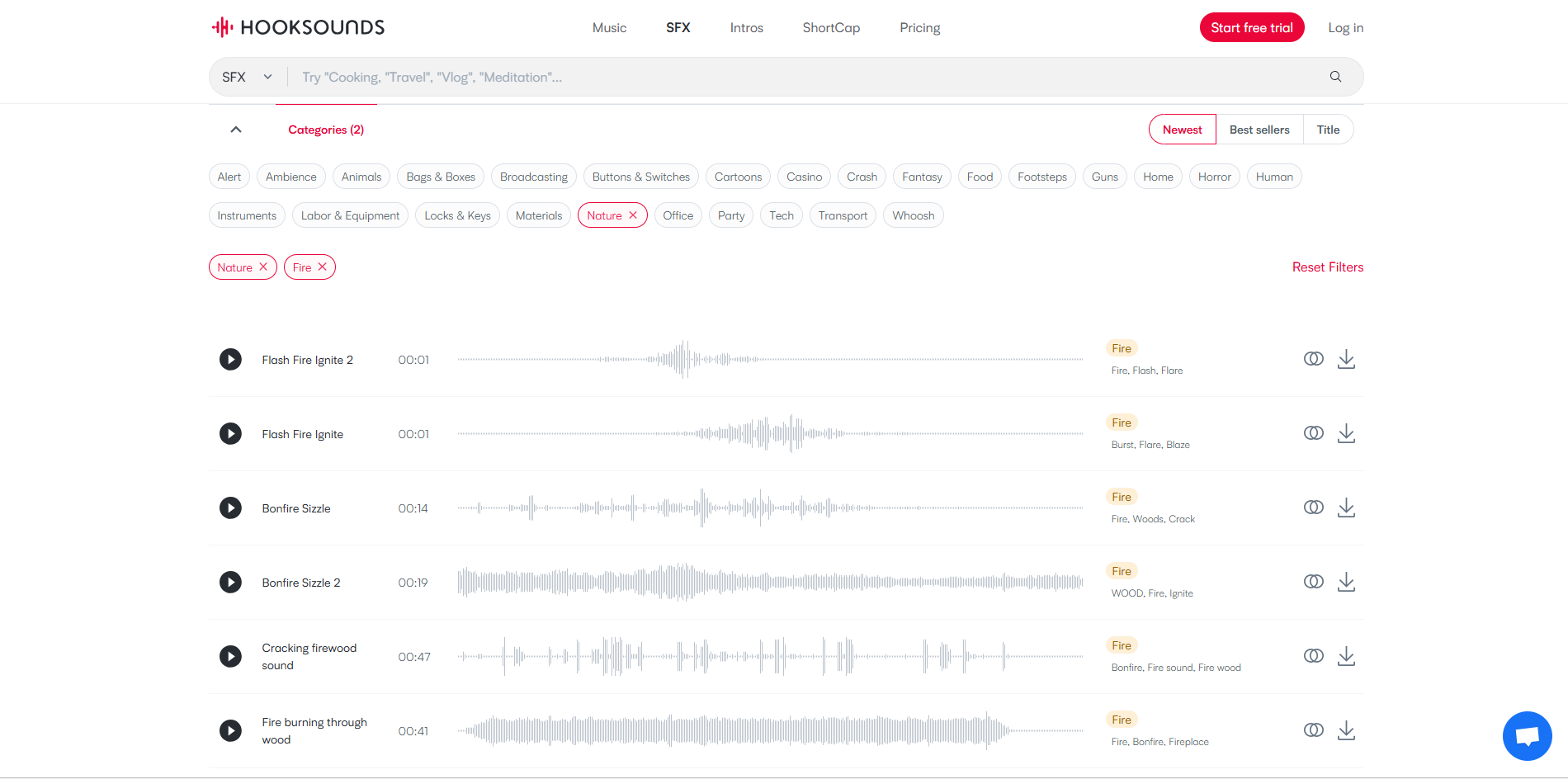 Interface de HookSounds - une bonne ressource pour les effets sonores de feu rugissant