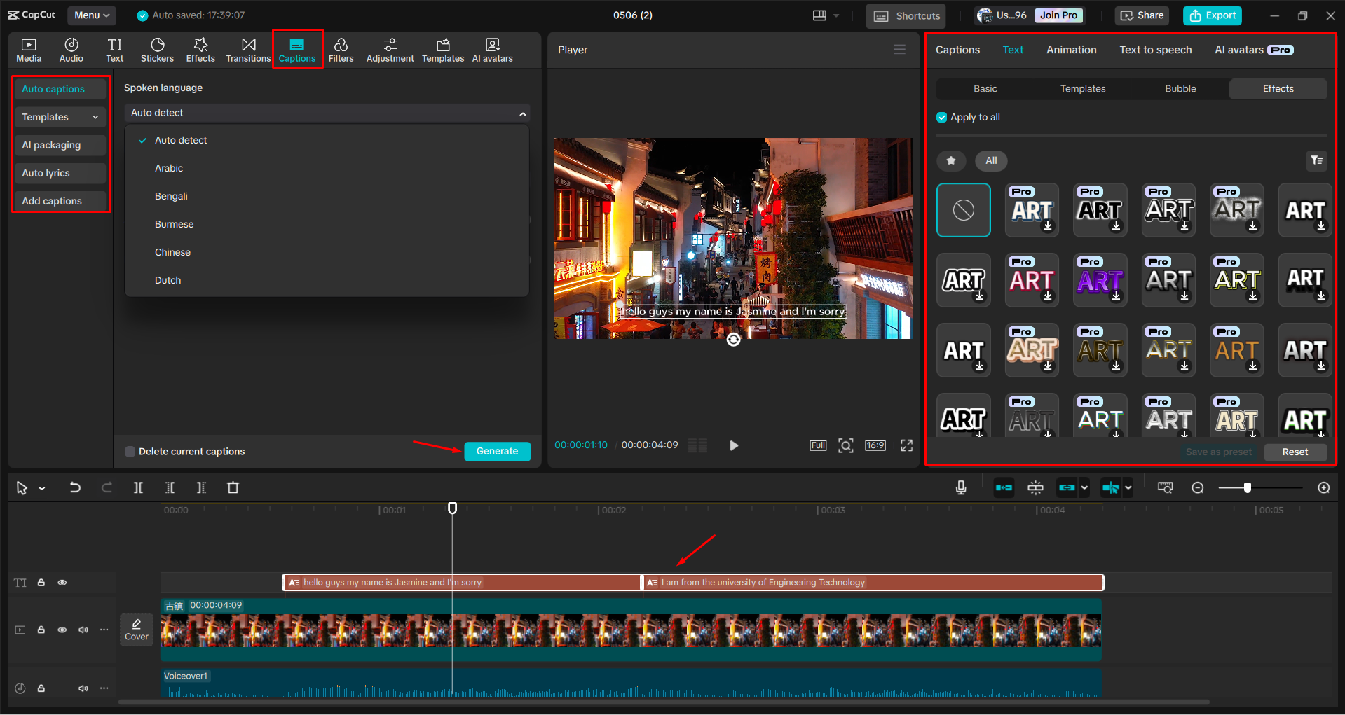 Generating auto caption and adding AI fonts to a video with the CapCut desktop video editor