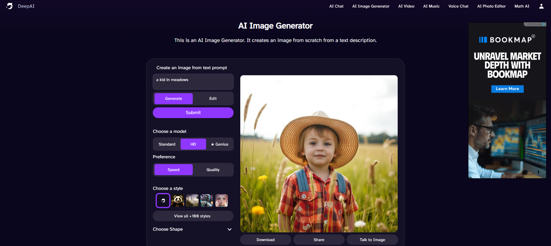Interface de DeepAI - un éditeur de photos IA hautement accessible avec des invites