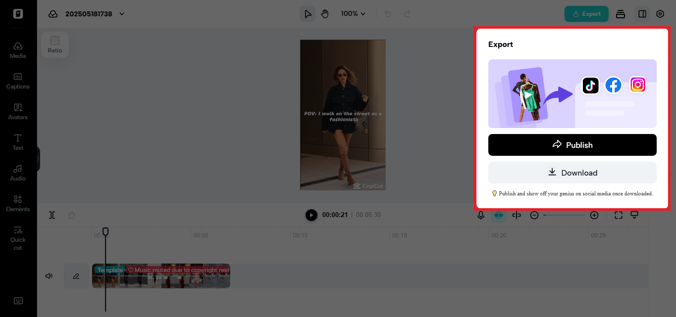 Export and publish options in Pippit's video editor