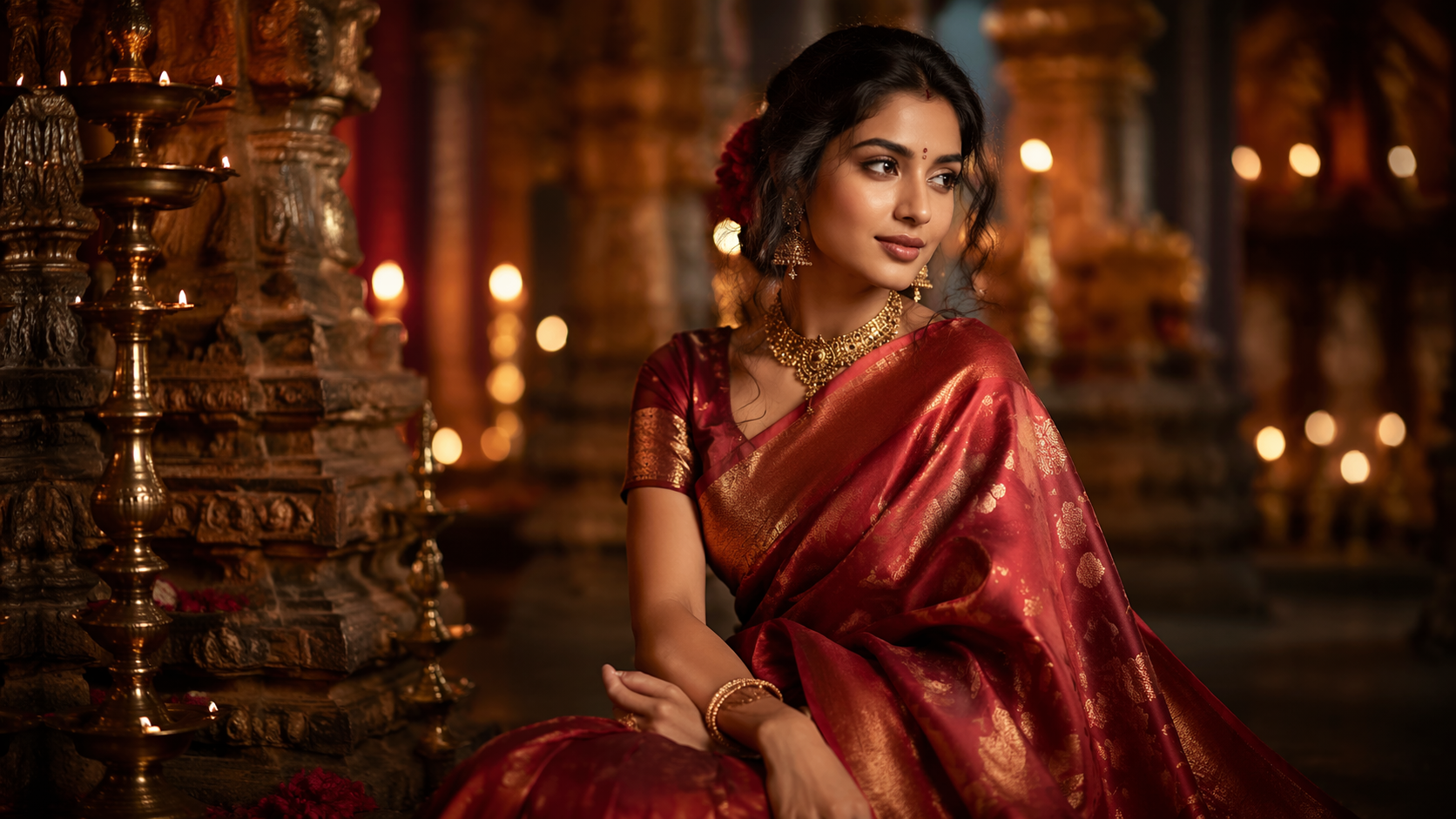 Dreamina IA Saree try On prompt exemplo 2: Festive Gold Border