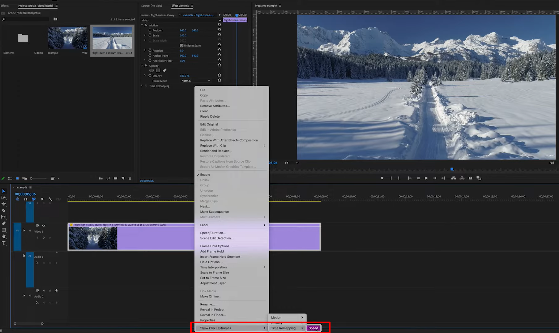 Click the clip to follow the first step of how to speed up a video in Adobe Premiere
