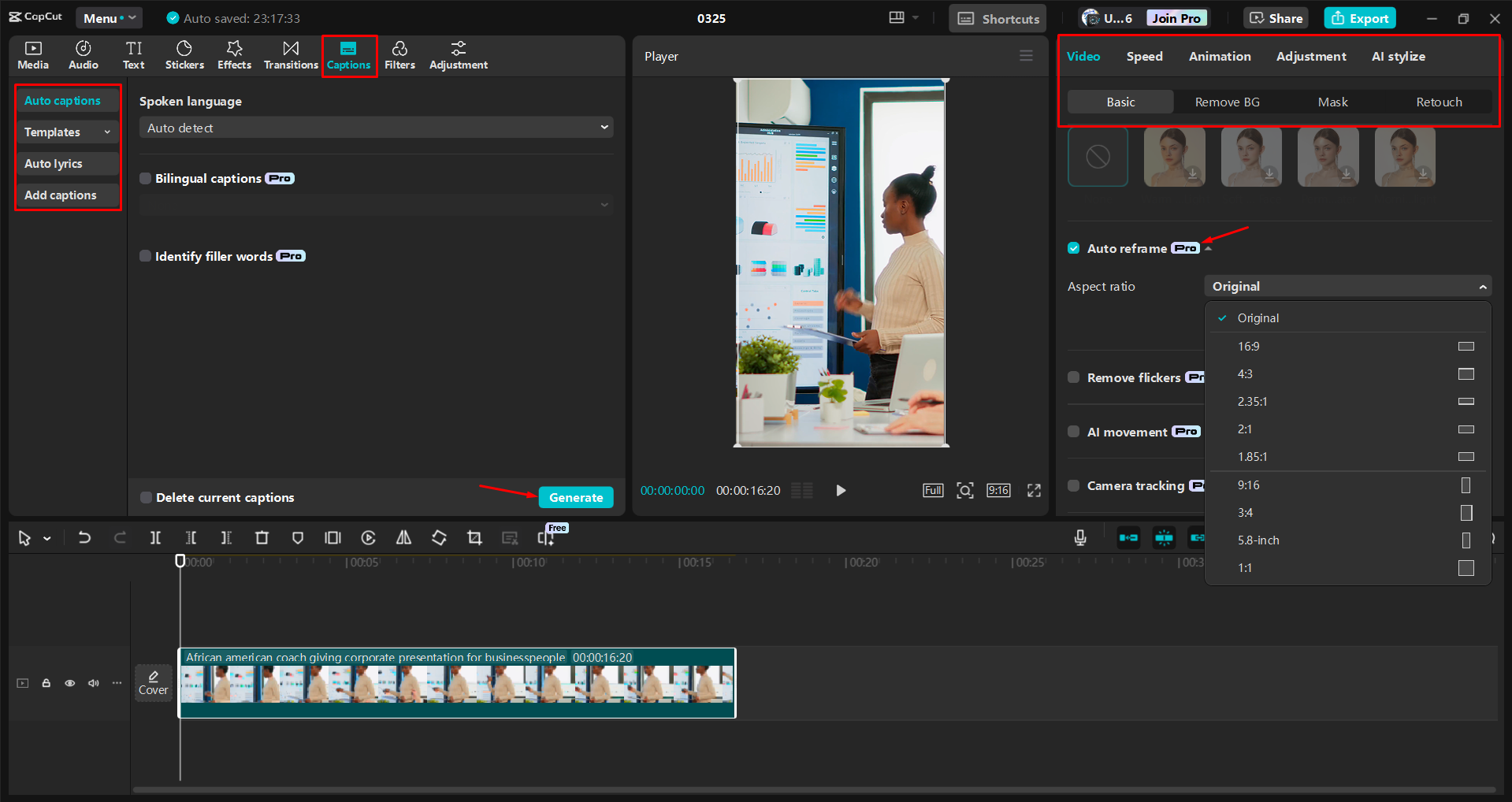 Auto reframing and editing an Instagram Reel in the CapCut desktop video editor
