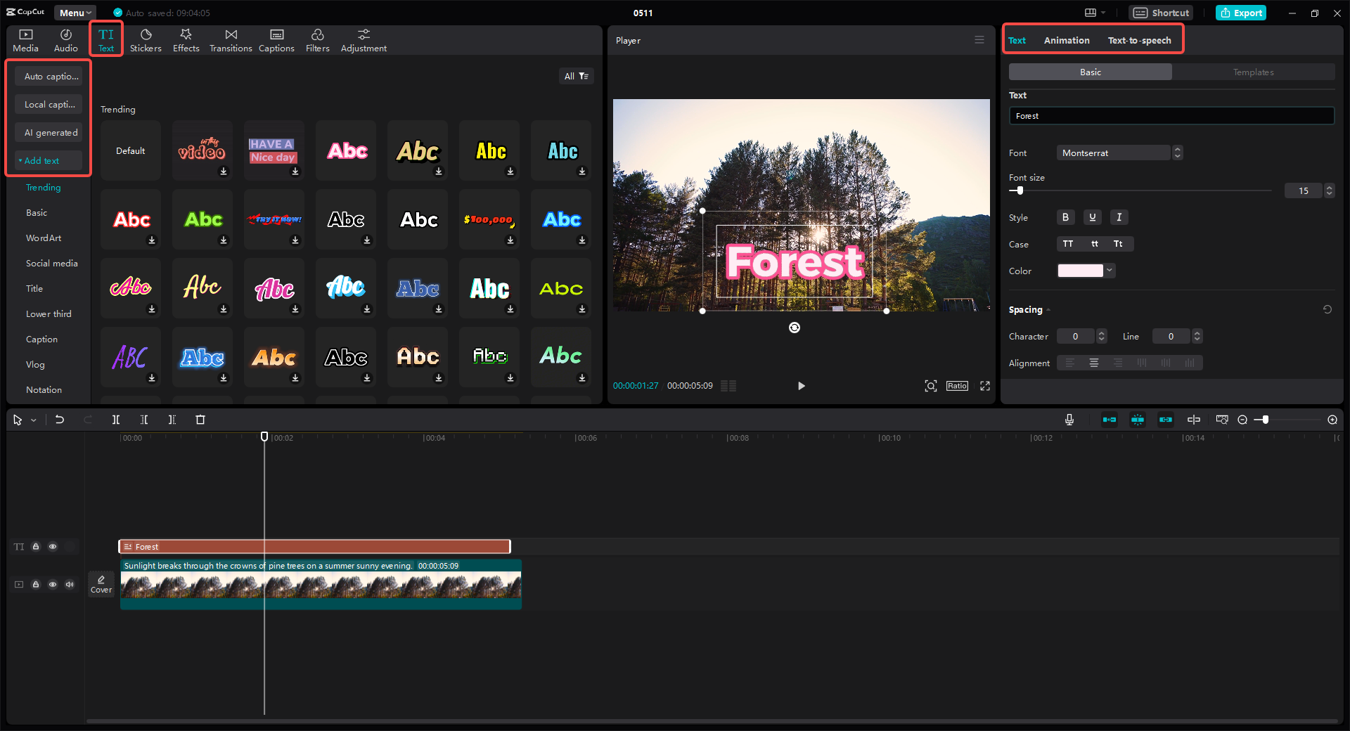 CapCut's text panel shows style templates as the Forest title is selected with text properties open.