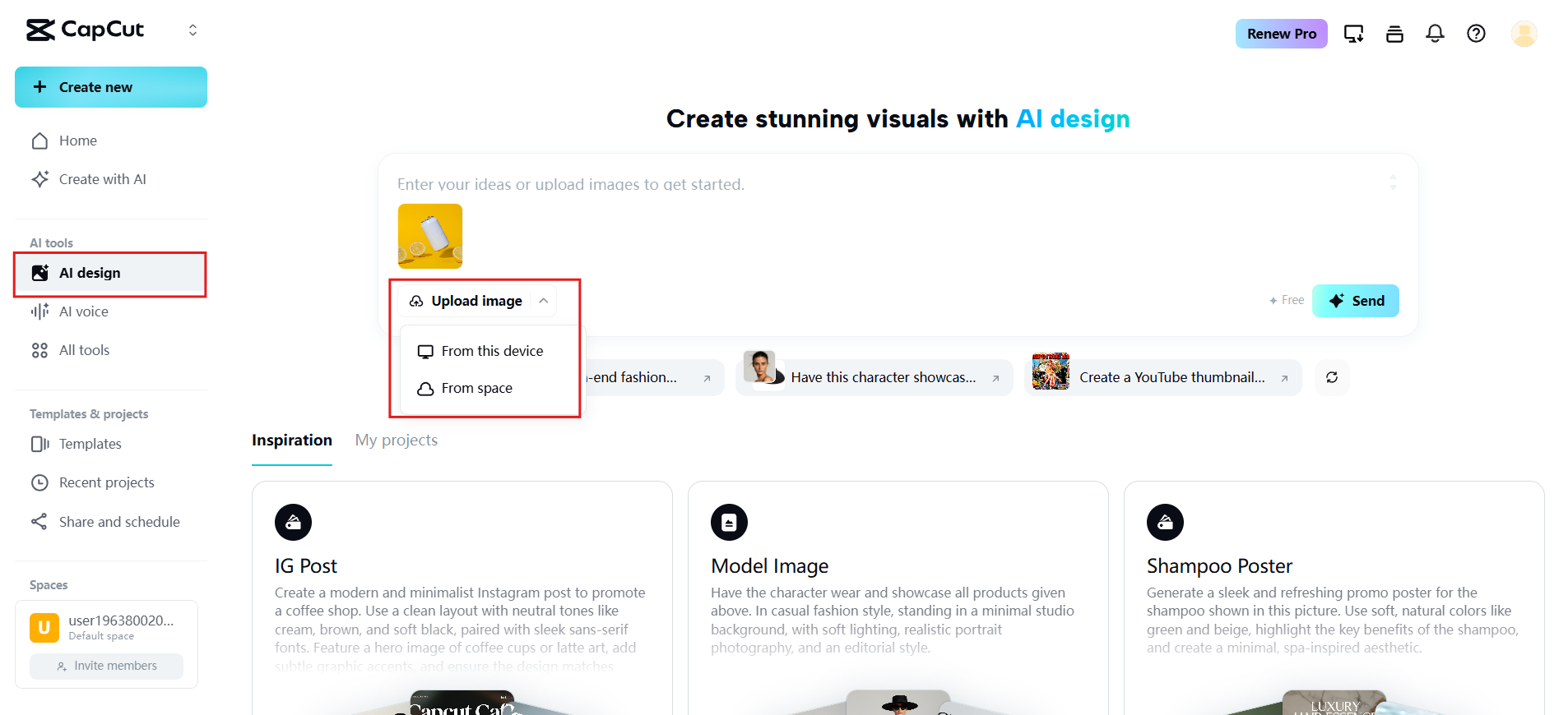 Access AI design agent and upload image