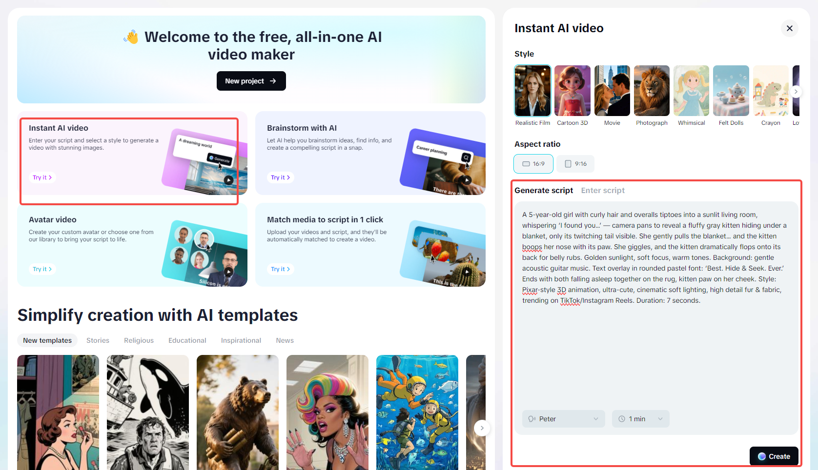 Enter text prompt to CpaCut's AI video maker