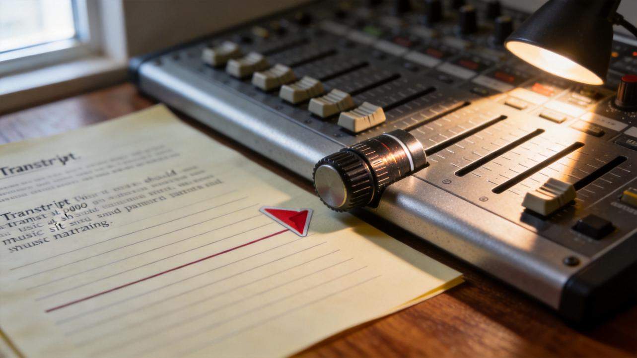 Audio mixer beside a transcript page with a red arrow cursor under a desk lamp