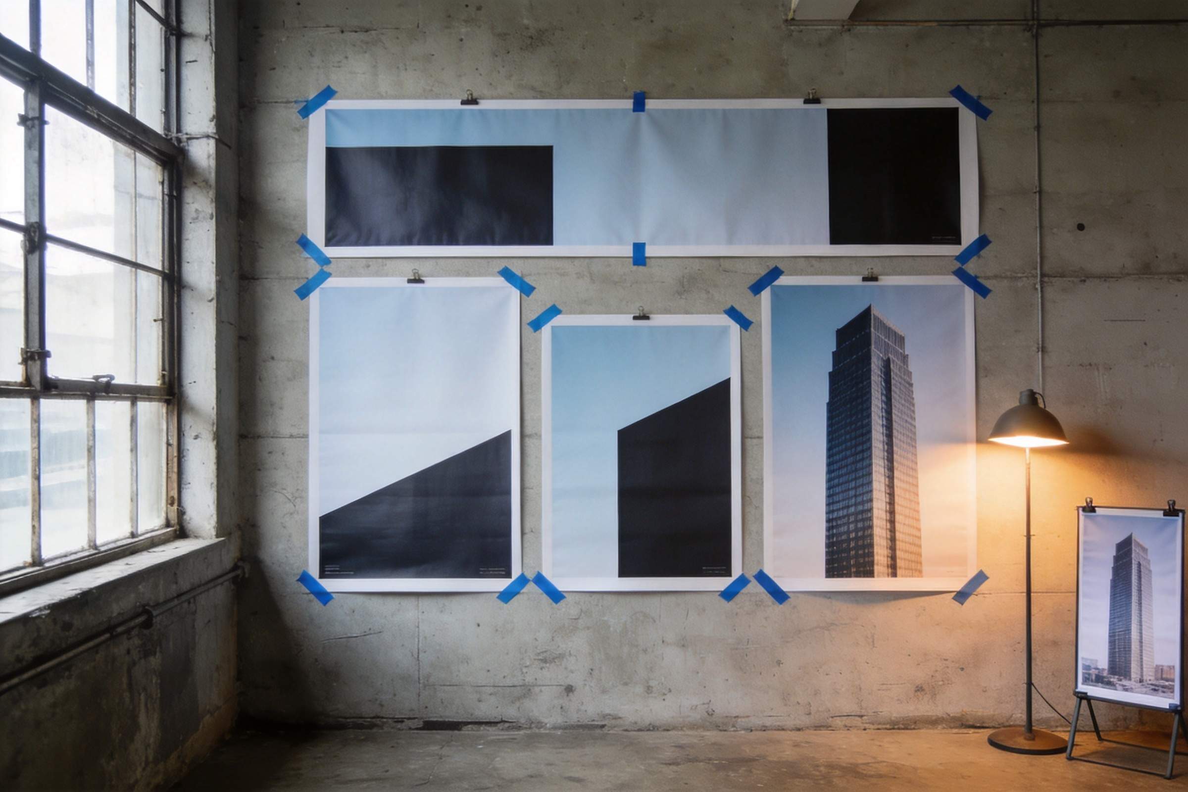 Several poster layouts of different sizes are taped to a concrete wall beside a floor lamp and window.