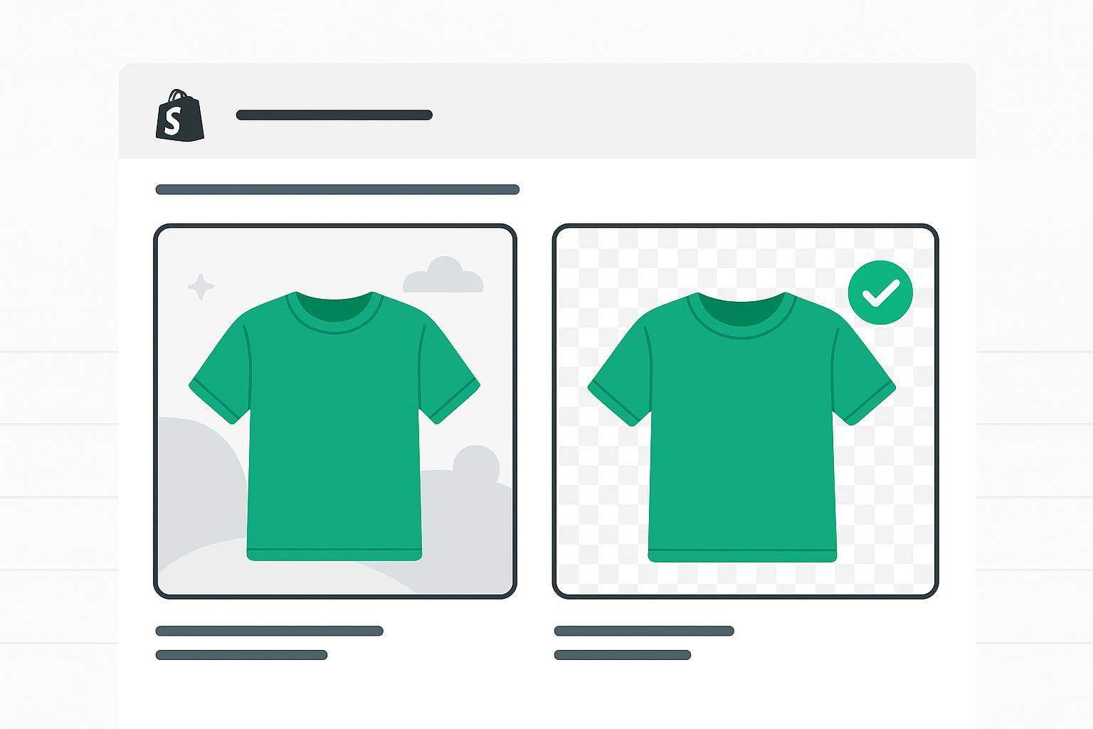 Remove image background for Shopify product pages — before/after product photo cutout on a clean product page layout