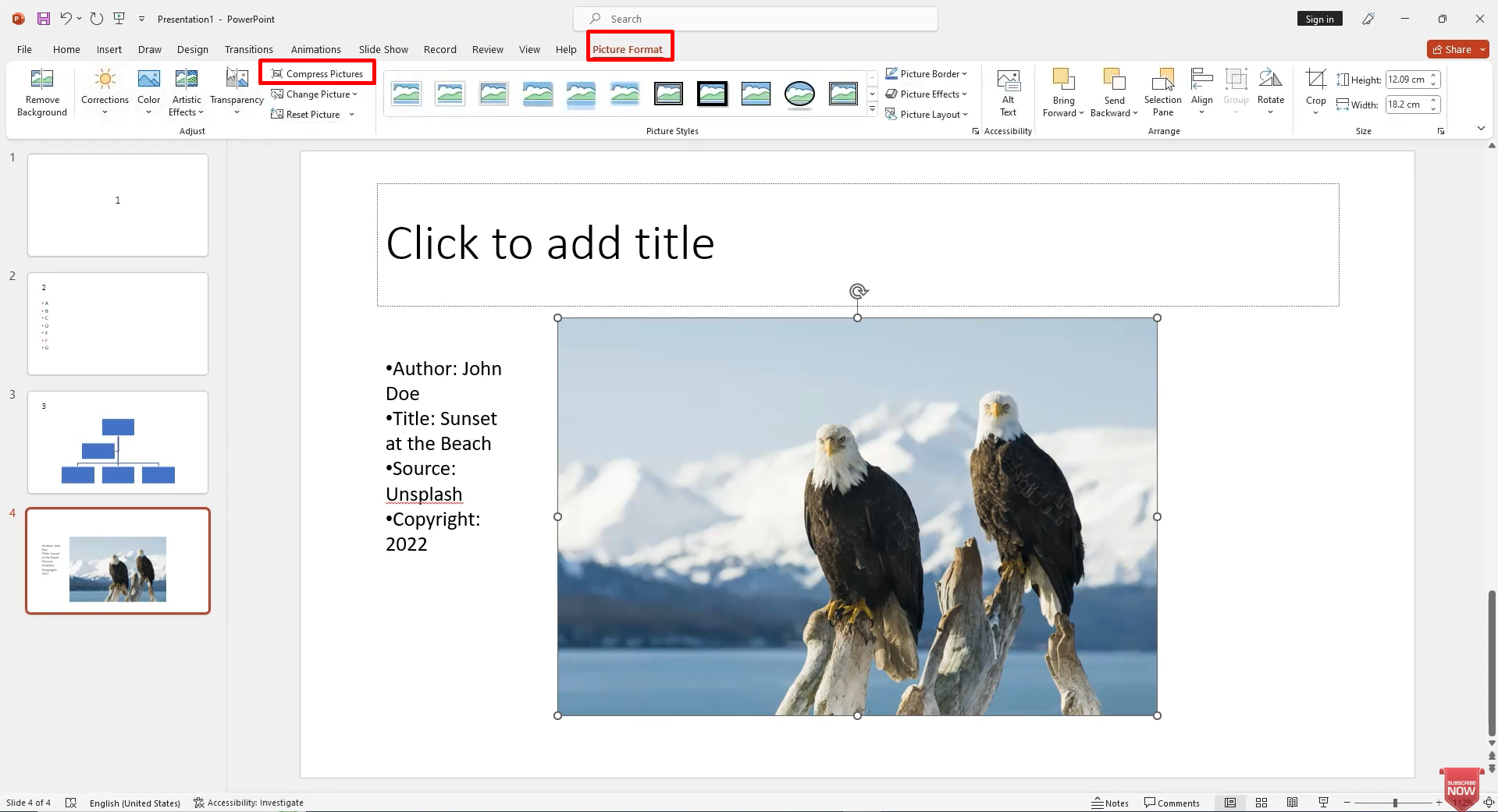 Opening the compression settings in PowerPoint
