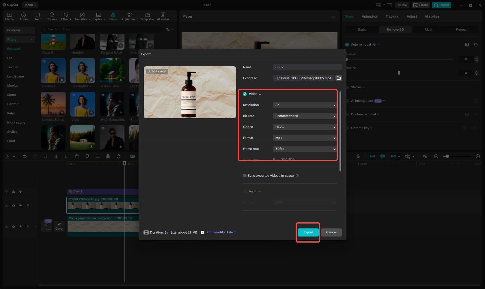Export the product video