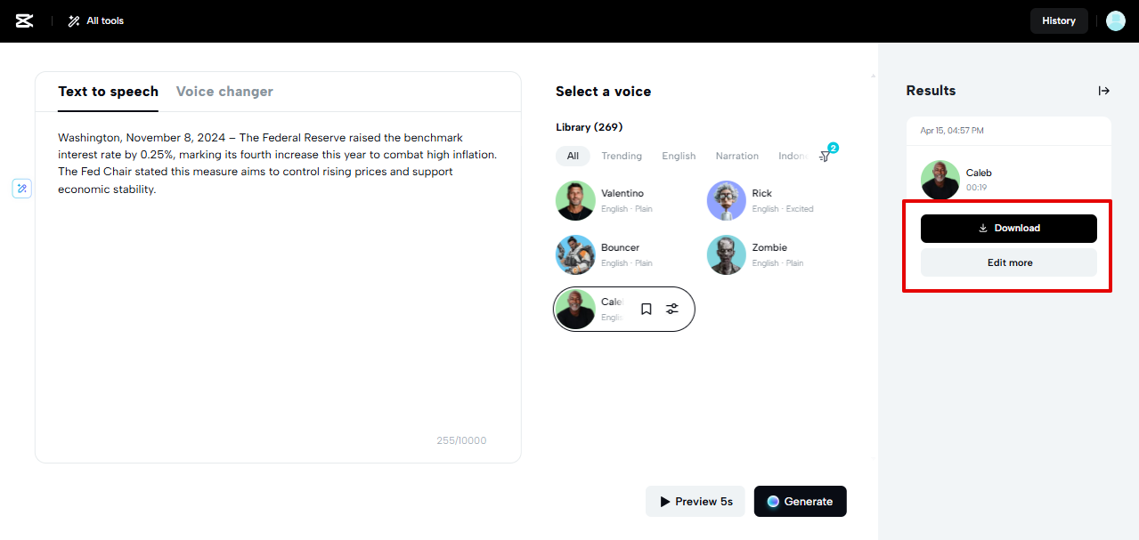 Экспорт озвучки пожилого человека из инструмента CapCut Web TTS