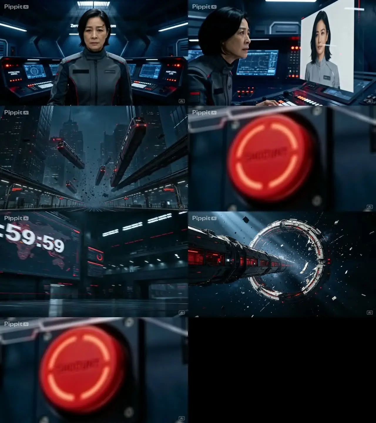 Sci-fi trailer kollázs egy nővel az irányítóteremben, futurisztikus vonatokkal és egy fénylő piros vészgombbal