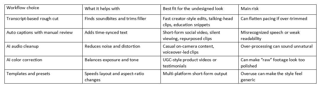 Table comparing workflow choices, benefits, best uses, and risks for an undesigned look