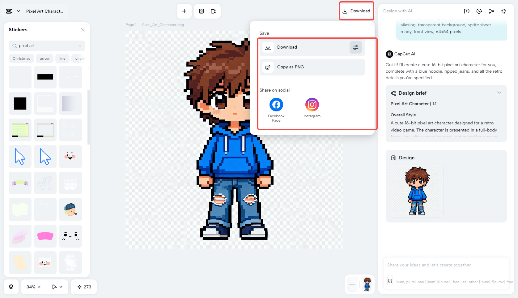 Exporting the pixel art character in CapCut