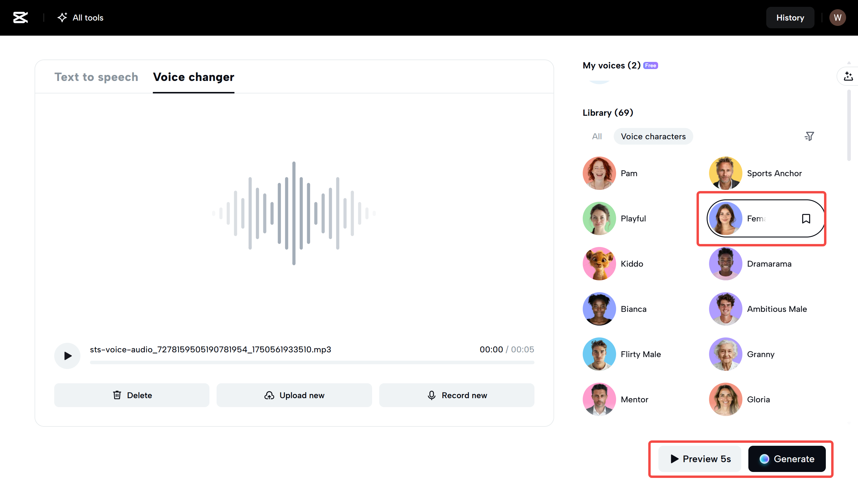 Alegerea unui schimbător de voce în CapCut Web