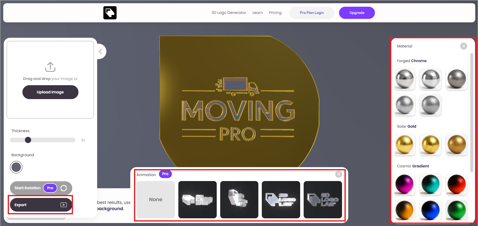 Choose animation, material, and then export