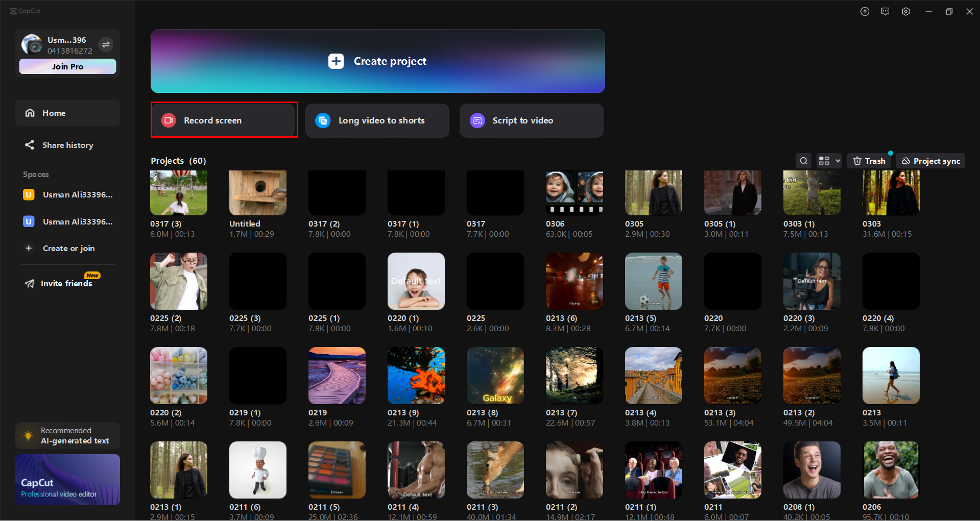 Accessing the "Record Screen" feature in the CapCut desktop video editor