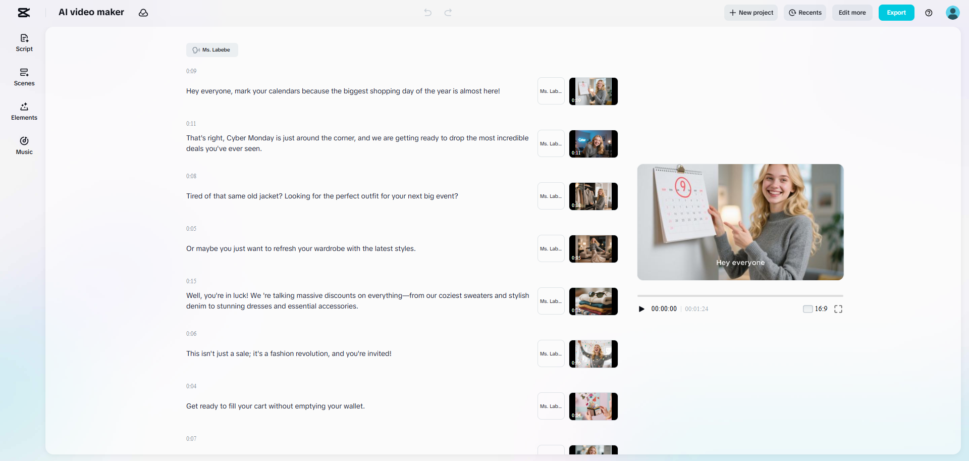 Pembuat video AI CapCut Web mencipta iklan Cyber Monday