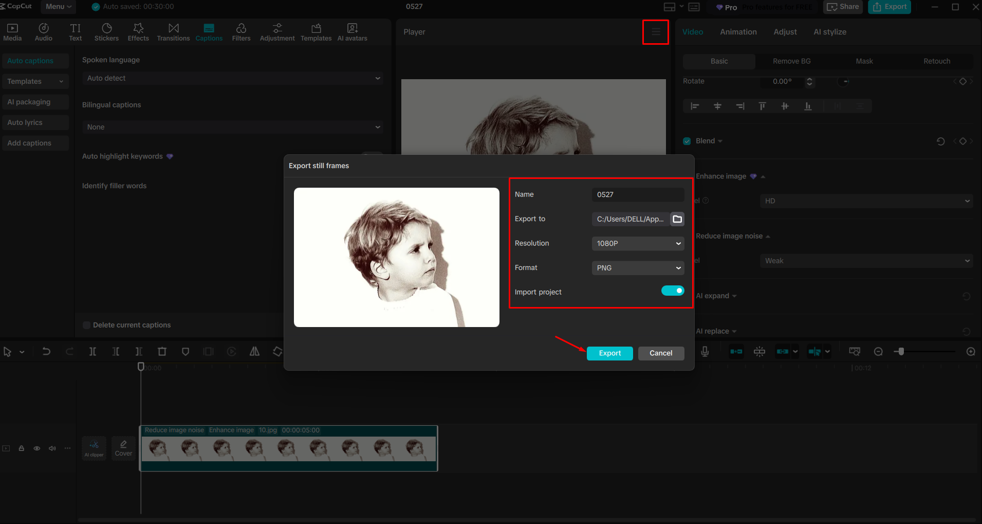 Exporting a photo from the CapCut desktop video editor