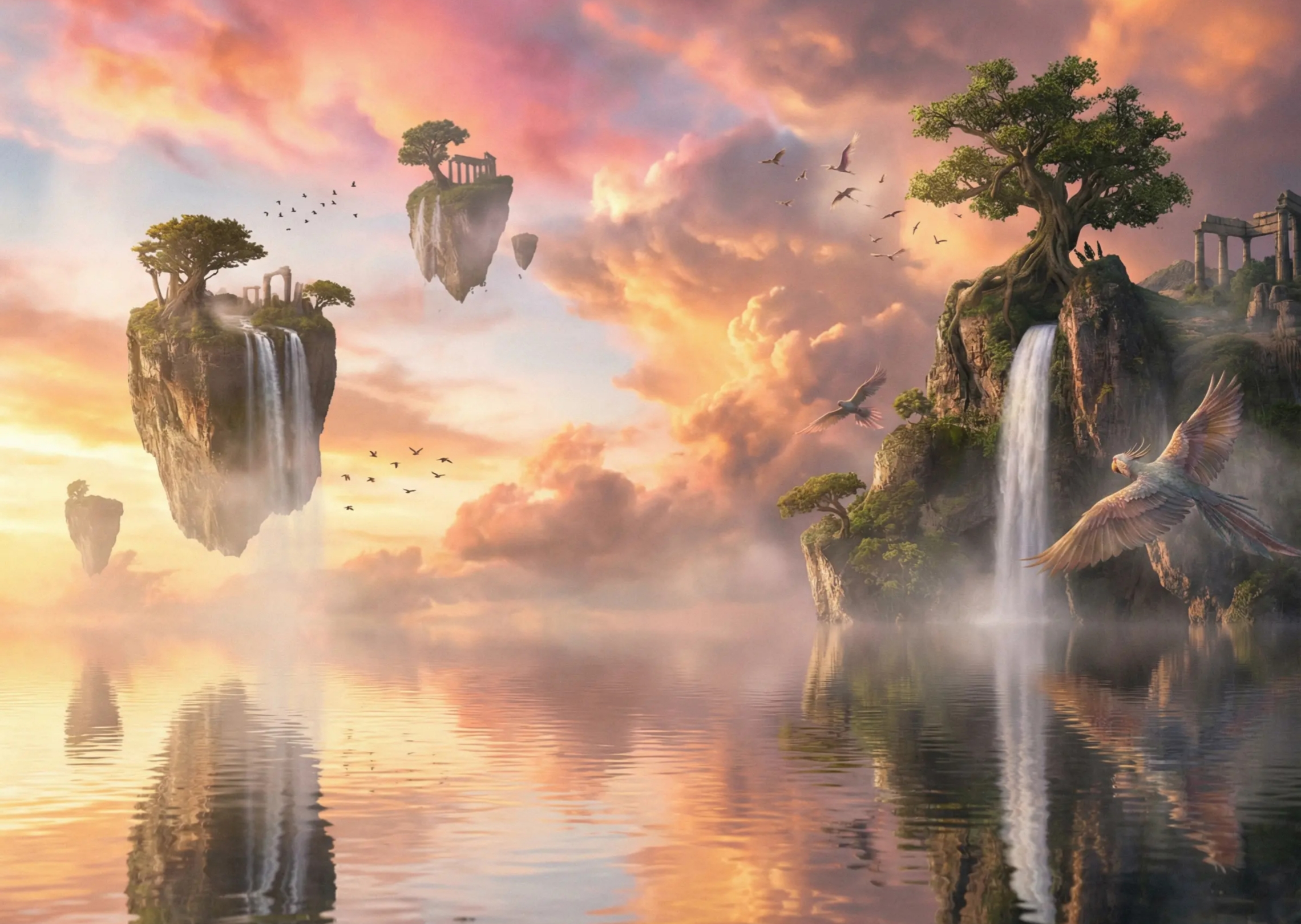 A dreamy ocean sunset with floating islands