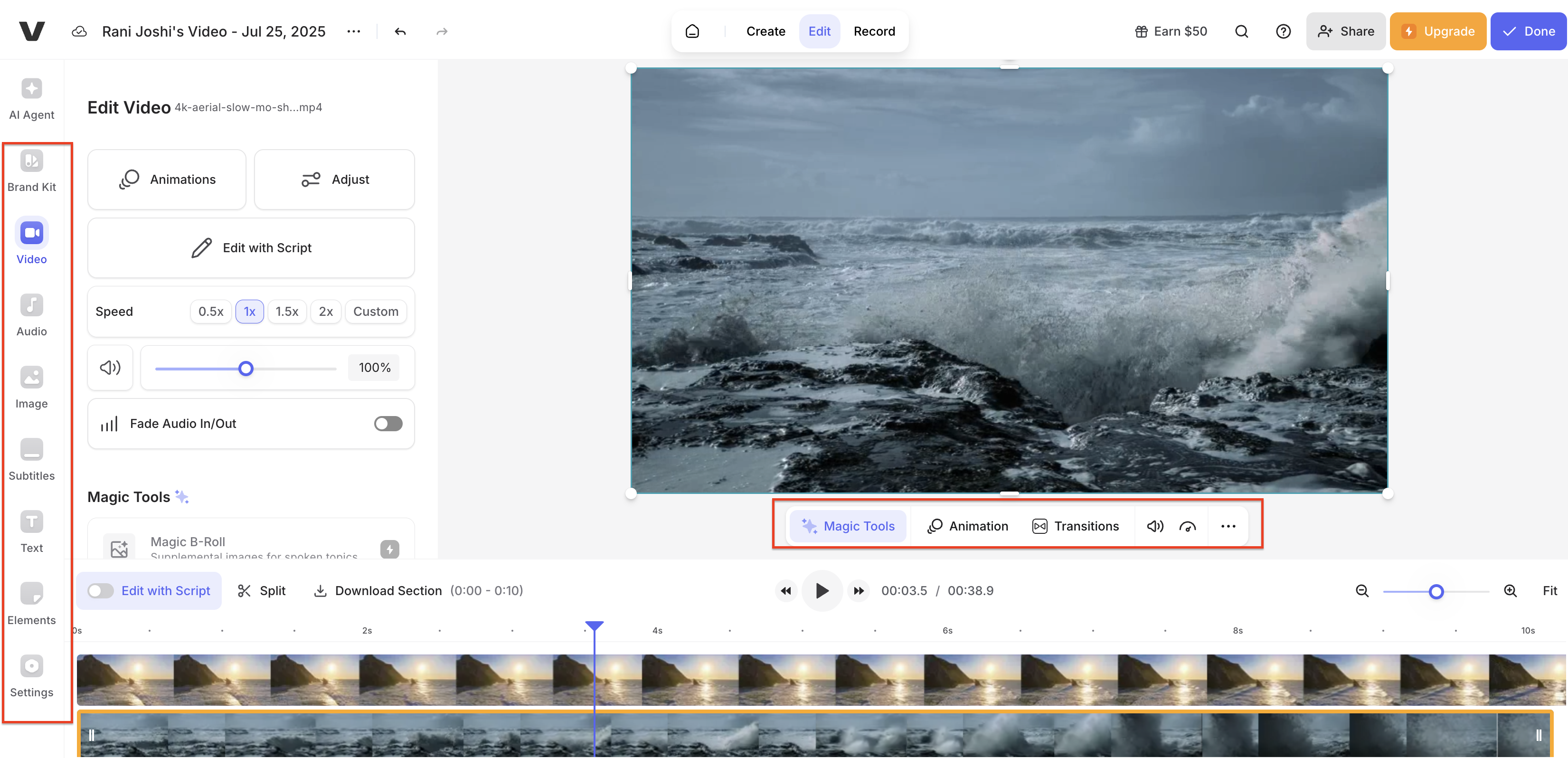 텍스트와 미디어 레이어가 포함된 VEED 편집 인터페이스