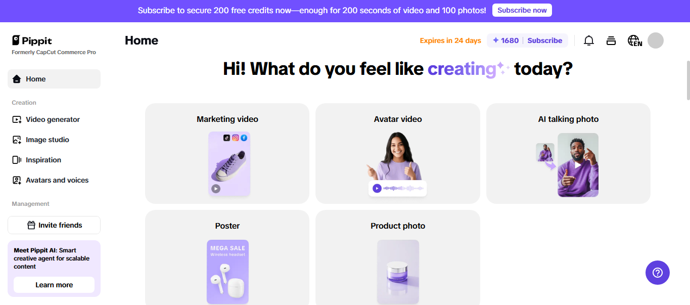 Pippit's main interface with video and image tools