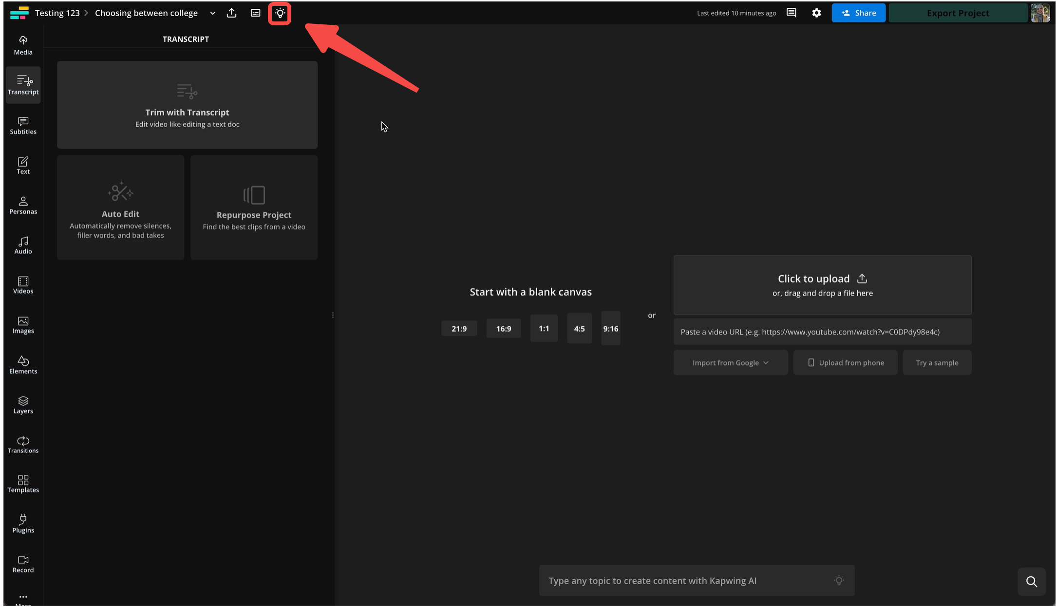 Accessing Kapwing's AI toolkit