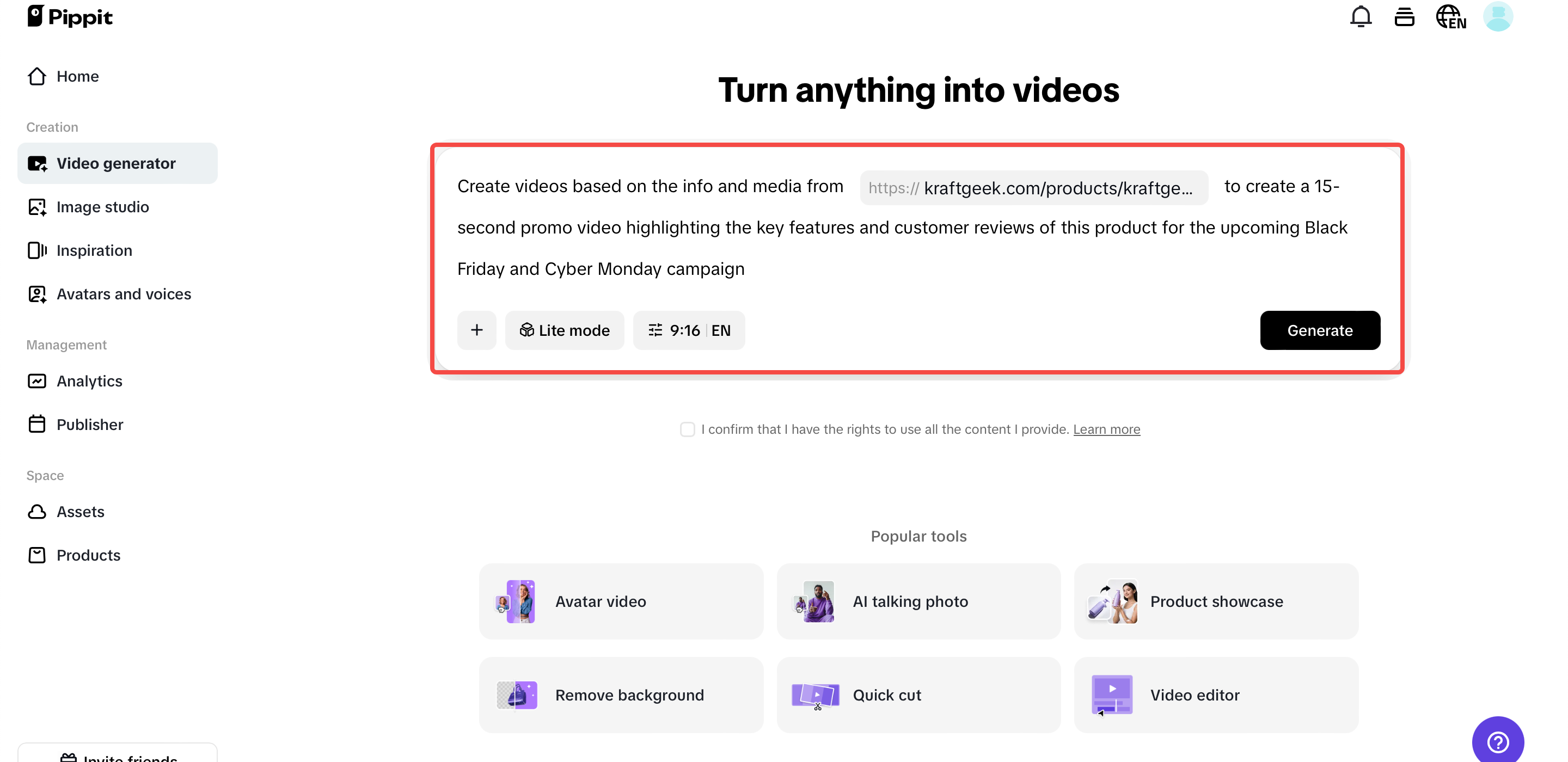 Bắt đầu với trình tạo video của Pippit